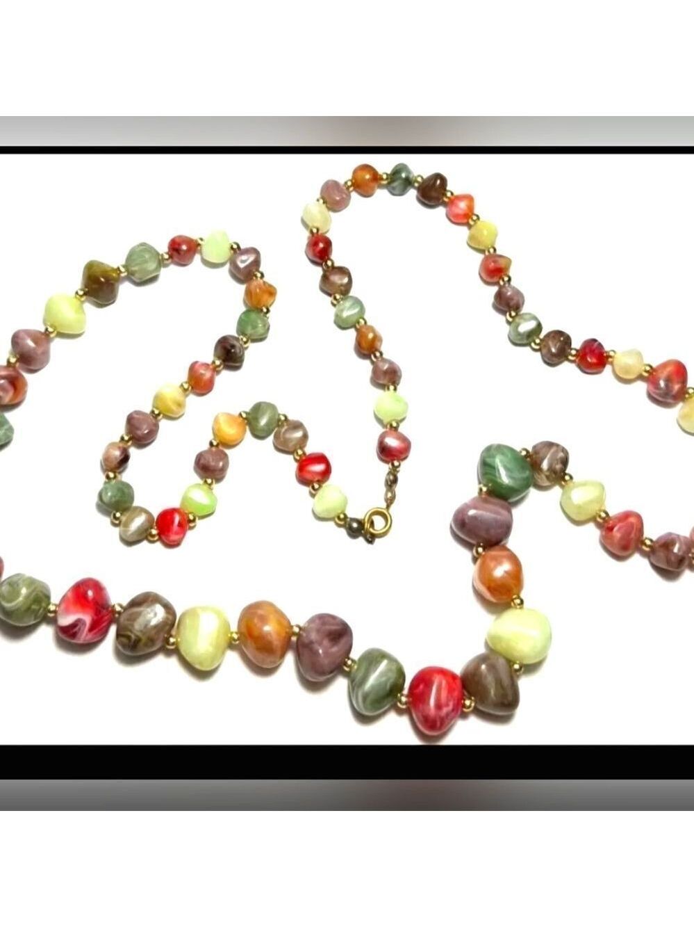 Vintage Jewelry Necklace Rock Like Beads Multi Color Graduated Gold Tn Milky 30"